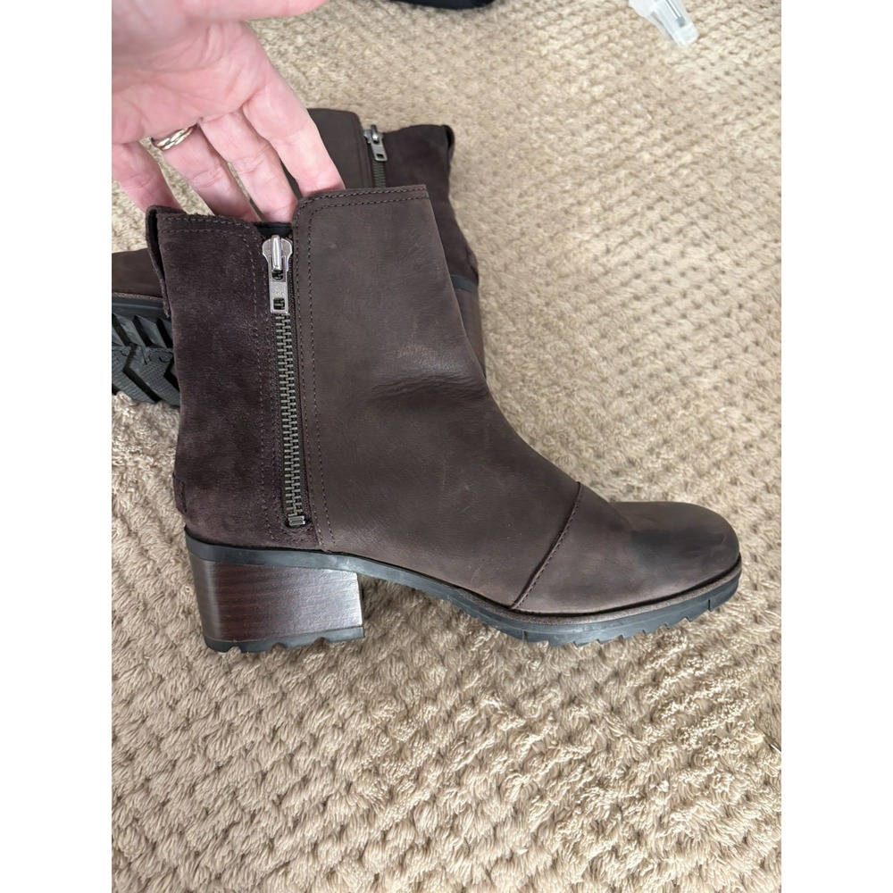 Sorel Boots Womens Size 8.5 Cate Chocolate Brown Leather/Suede Zip Block Heel - Picture 6 of 15